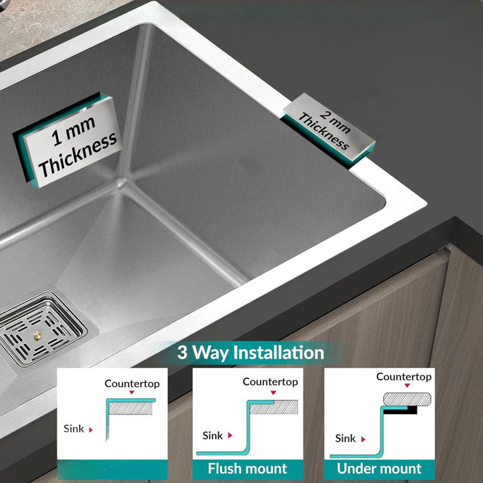 Handmade SS 304 Grade Kitchen Sink, Matte Finish, 24x18x9 In, 25 Years Warranty