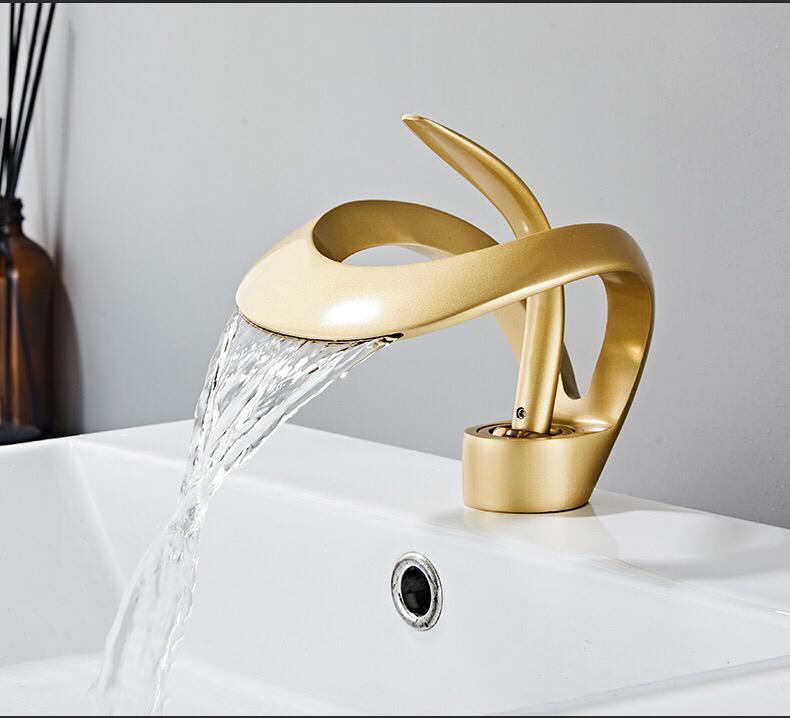 BASSINO Brass Bathroom Sink Wash Basin Mixer Tap Single Handle Hot & Cold Waterfall Lavatory Sink Faucet for Living Room & Bathrooms