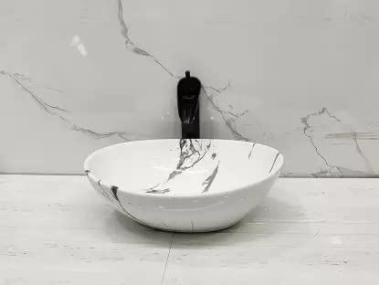 BASSINO Art Ceramic Wash Basin Countertop/Tabletop Bathroom Sink/Vessel Sink for Bathroom - Satvario Marble (410 x 340 x 145 mm)