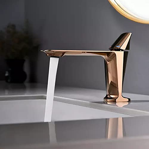 BASSINO Small Size Brass Bathroom Sink Wash Basin Mixer Tap Single Handle Hot & Cold Waterfall Lavatory Sink Faucet for Living Room & Bathrooms (Rose Gold)