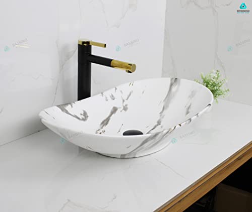 BASSINO Art Wash Basin Countertop, Tabletop Ceramic Bathroom Sink/Basin (630 x 360 x 160mm) (WHITE) (MATT) (WHITE MARBLE)