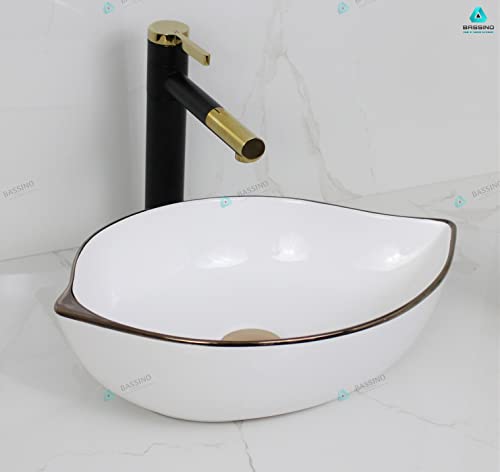 BASSINO Art Wash Basin Countertop, Tabletop Ceramic Bathroom Sink/Basin (460x305x125 mm) (WHITE ROSE GOLD)-BTT-1410