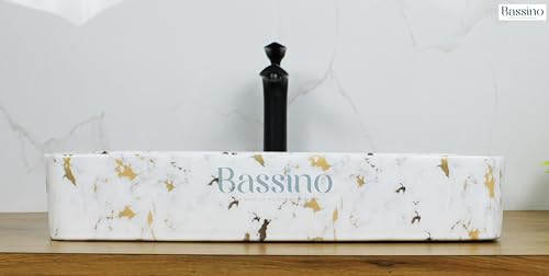 BASSINO Art Ceramic Countertop, Tabletop Bathroom Sink/Basin (Satvario Marble, Jelly Marble, White, 610x335x110mm)