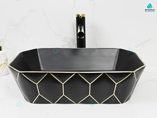 BASSINO Art Wash Basin Countertop, Tabletop Ceramic Bathroom Sink/Basin (Black & Gold) (500x360x140mm) (BTT-1377)