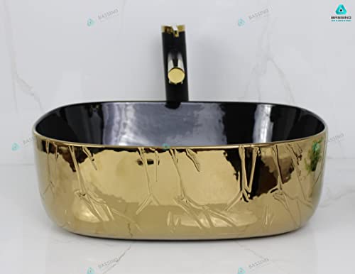 BASSINO Art Wash Basin Countertop, Tabletop Ceramic Bathroom Sink/Basin (455x340x160 mm) (BLACK GOLD)-BTT-1390