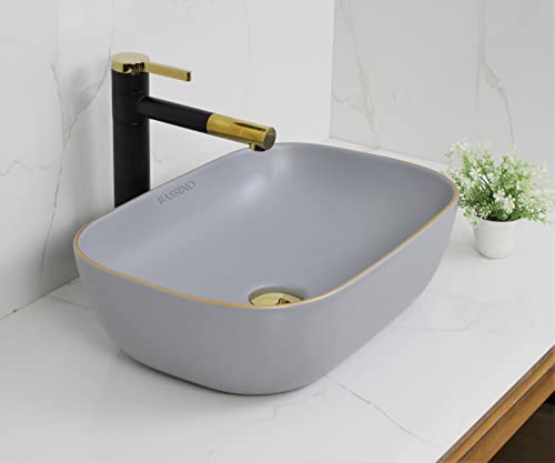 BASSINO Design Wash Basin Ceramic Tabletop Marble Bathroom Sink/Countertop Vessel Sink for Bathroom & Living Room - 455 x 320 x 140 mm (Grey Matt)