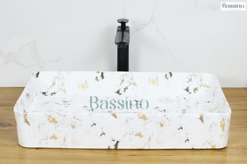 BASSINO Art Ceramic Countertop, Tabletop Bathroom Sink/Basin (Satvario Marble, Jelly Marble, White, 610x335x110mm)