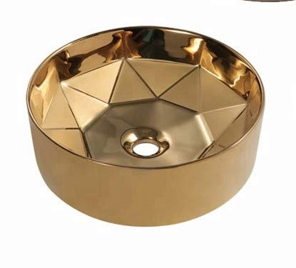 BASSINO Table Top Premium Designer Ceramic Polished Finish Wash Basin/Vessel Sink (Gold, 16 x 16 x 6 Inch) (Gold)