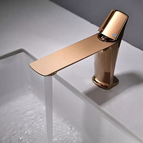 BASSINO Small Size Brass Bathroom Sink Wash Basin Mixer Tap Single Handle Hot & Cold Waterfall Lavatory Sink Faucet for Living Room & Bathrooms (Rose Gold)
