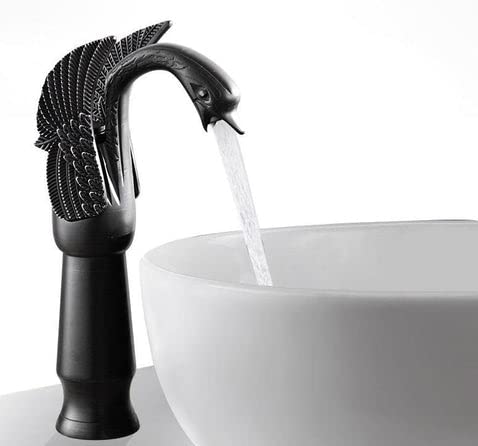 BASSINO Brass Black Swan Shape Bathroom Sink Wash Basin Mixer Tap Single Handle Hot & Cold Waterfall Lavatory Sink Faucet for Living Room & Bathroom (BTT-2048, 12 INCH)