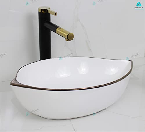 BASSINO Art Wash Basin Countertop, Tabletop Ceramic Bathroom Sink/Basin (460x305x125 mm) (WHITE ROSE GOLD)-BTT-1410