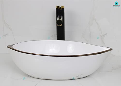 BASSINO Art Wash Basin Countertop, Tabletop Ceramic Bathroom Sink/Basin (460x305x125 mm) (WHITE ROSE GOLD)-BTT-1410