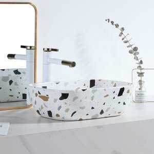 Premium Ceramic Table Top Wash Basin, White Terrazzo Marble (18 × 13 × 6 In) BTT-1042