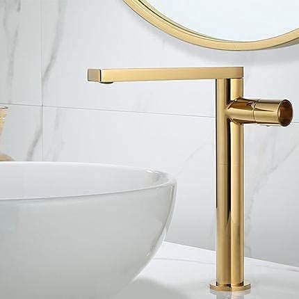 BASSINO Extended body Brass Bathroom Sink Wash Basin Mixer Tap Single Handle Hot & Cold Waterfall Lavatory Sink Faucet for Living Room & Bathrooms (GOLD)