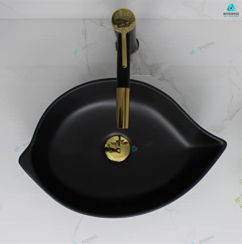 BASSINO Art Wash Basin Countertop, Tabletop Ceramic Bathroom Sink/Basin (460x305x125 mm) (BLACK GOLD)(MATT)-BTT-1400