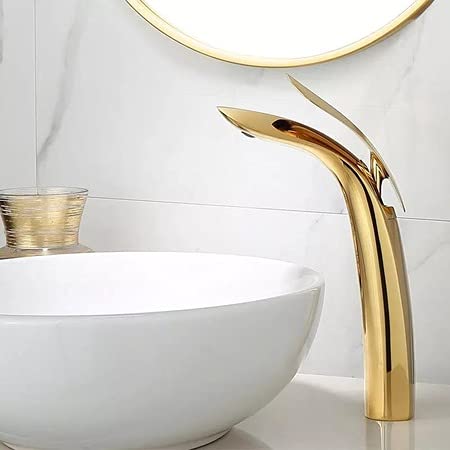 BASSINO Curve Body Brass Bathroom Sink Wash Basin Mixer Tap/Single Handle Hot & Cold Brass Construction/Lavatory Sink Faucet for Living Room & Bathrooms (Gold)