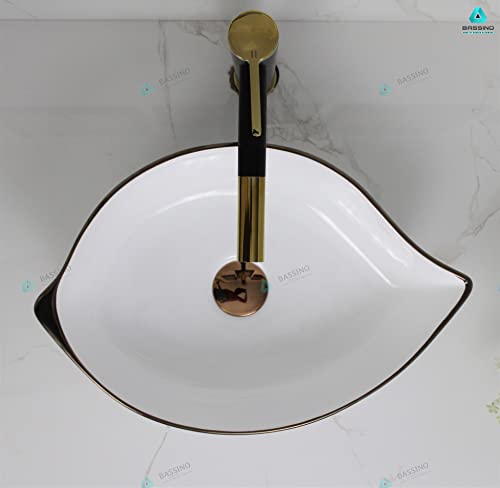 BASSINO Art Wash Basin Countertop, Tabletop Ceramic Bathroom Sink/Basin (460x305x125 mm) (WHITE ROSE GOLD)-BTT-1410