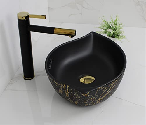 BASSINO Art Wash Basin Countertop, Tabletop Ceramic Bathroom Sink/Basin (460x305x125 mm) (BLACK GOLD)(MATT)-BTT-1400