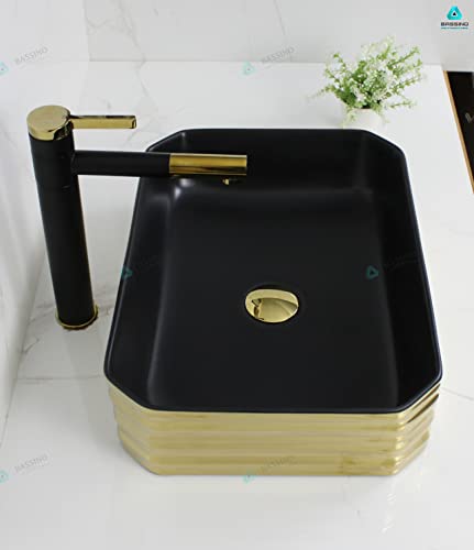 BASSINO Art Wash Basin Countertop, Tabletop Ceramic Bathroom Sink/Basin (455x385x170 mm) (BLACK GOLD) (MATT)