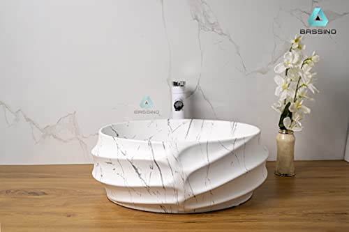 BASSINO Design Wash Basin Ceramic Tabletop Marble Bathroom Sink/Countertop Vessel Sink for Bathroom & Living Room - 455 x 385 x 170 mm (White Marble)