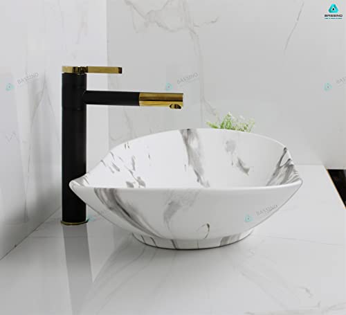 BASSINO Art Wash Basin Countertop, Tabletop Ceramic Bathroom Sink/Basin (630 x 360 x 160mm) (WHITE) (MATT) (WHITE MARBLE)