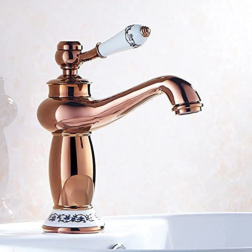 BASSINO Small Size Brass Bathroom Sink Wash Basin Mixer Tap Single Handle Hot & Cold Waterfall Lavatory Sink Faucet for Living Room & Bathrooms (Rose Gold)