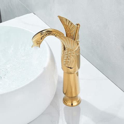 BASSINO Brass Gold Swan Shape Bathroom Sink Wash Basin Mixer Tap Single Handle Hot & Cold Waterfall Lavatory Sink Faucet for Living Room & Bathroom (BTT-2047, 12 INCH)