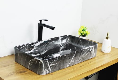 BASSINO Art Wash Basin Counter top, Tabletop Ceramic Bathroom Sink/Basin (Satvario Marble) (600 x 350 x 110 mm) (Grey Marble)