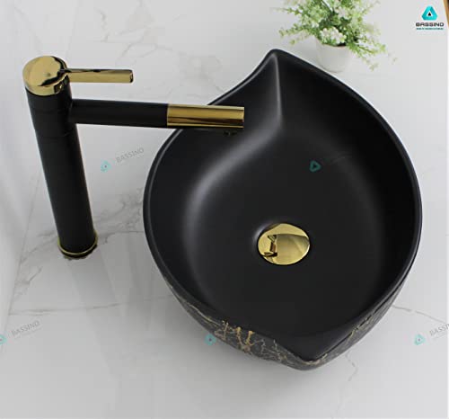 BASSINO Art Wash Basin Countertop, Tabletop Ceramic Bathroom Sink/Basin (460x305x125 mm) (BLACK GOLD)(MATT)-BTT-1400