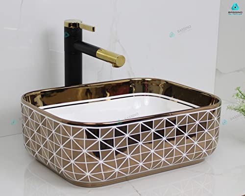 BASSINO Art Wash Basin Countertop, Tabletop Ceramic Bathroom Sink/Basin (400x300x140 mm) (GOLD)-BTT-1424