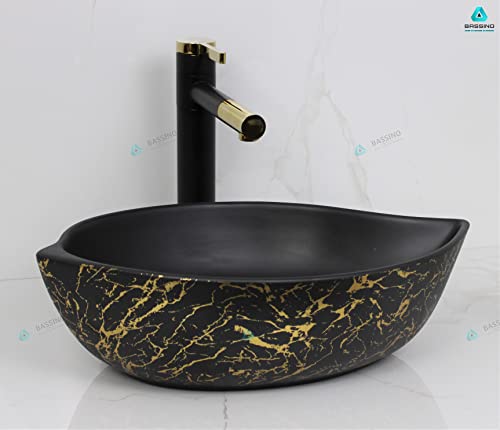 BASSINO Art Wash Basin Countertop, Tabletop Ceramic Bathroom Sink/Basin (460x305x125 mm) (BLACK GOLD)(MATT)-BTT-1400