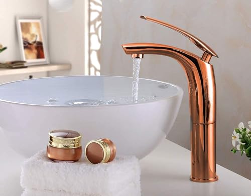 BASSINO Stylish Bathroom Faucet with Single Lever - Waterfall Bathroom Basin Faucet of Brass - Hot and Cold Water Mixer Antique Tap for Bathroom 12 Inches (Rose-Gold)