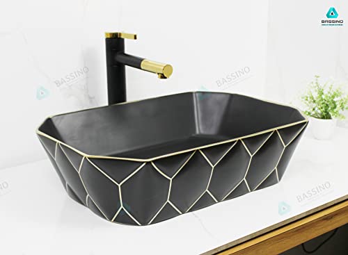 BASSINO Art Wash Basin Countertop, Tabletop Ceramic Bathroom Sink/Basin (Black & Gold) (500x360x140mm) (BTT-1377)