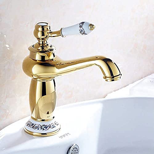 BASSINO Small Size Brass Bathroom Sink Wash Basin Mixer Tap Single Handle Hot & Cold Waterfall Lavatory Sink Faucet for Living Room & Bathrooms (Gold)