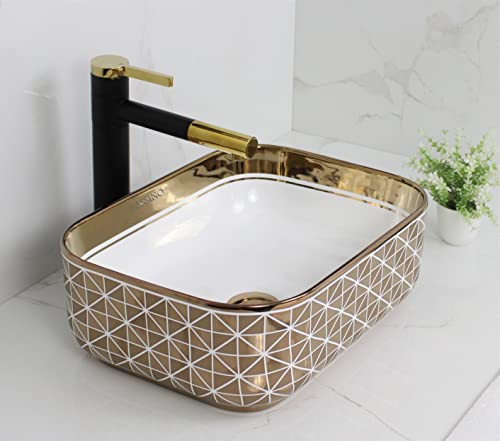 BASSINO Art Wash Basin Countertop, Tabletop Ceramic Bathroom Sink/Basin (400x300x140 mm) (GOLD)-BTT-1424