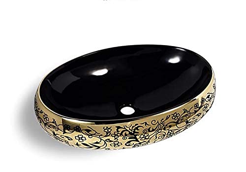 BASSINO Design Wash Basin Ceramic Tabletop Marble Bathroom Sink/Countertop Vessel Sink for Bathroom & Living Room - 600 x 400 x 150 mm (Black Gold)