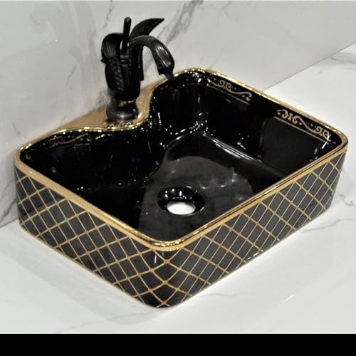 BASSINO Wash Basin Countertop, Tabletop Ceramic Bathroom Sink/Basin, 480x370x135mm, Polished finish (Black)