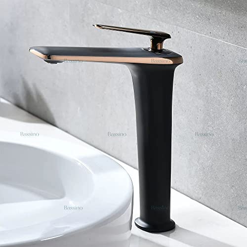 BASSINO Stylish Bathroom Faucet with Single Lever - Waterfall Bathroom Basin Faucet of Brass - Hot and Cold Water Mixer Antique Tap for Bathroom (Black & Gold) BTT-2082