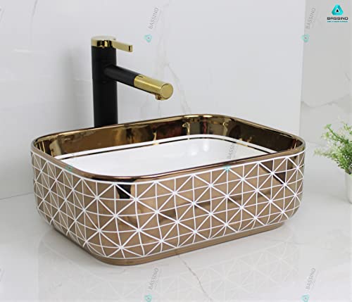 BASSINO Art Wash Basin Countertop, Tabletop Ceramic Bathroom Sink/Basin (400x300x140 mm) (GOLD)-BTT-1424