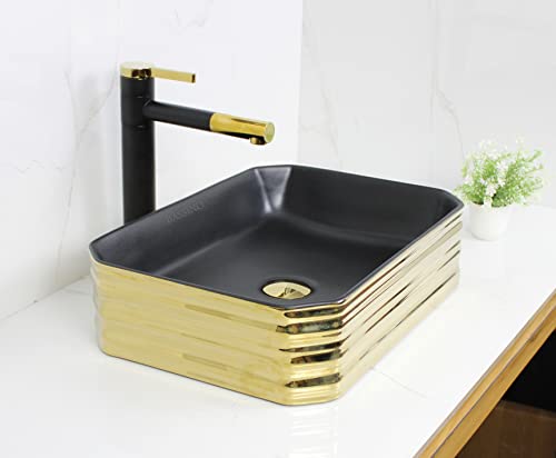 BASSINO Art Wash Basin Countertop, Tabletop Ceramic Bathroom Sink/Basin (455x385x170 mm) (BLACK GOLD) (MATT)