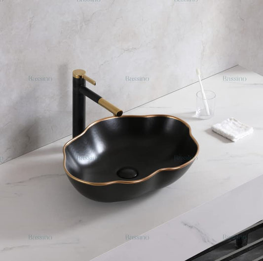 BASSINO Art Wash Basin Countertop, Tabletop Ceramic Bathroom Sink/Basin (500x380x130 mm) (BLACK) (MATT)