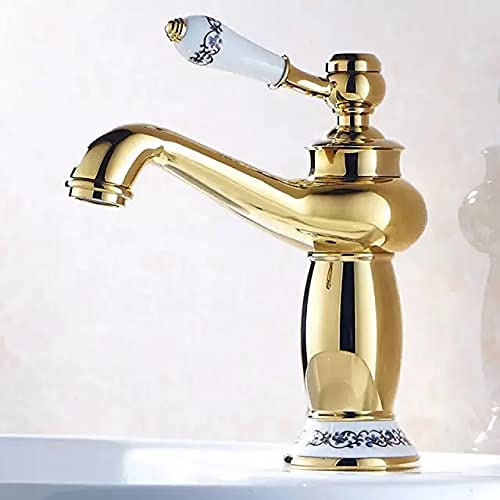 BASSINO Small Size Brass Bathroom Sink Wash Basin Mixer Tap Single Handle Hot & Cold Waterfall Lavatory Sink Faucet for Living Room & Bathrooms (Gold)