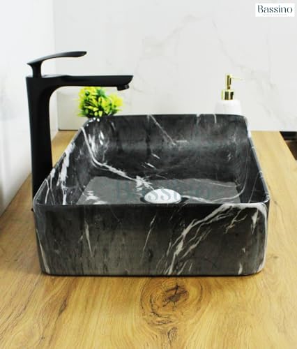 BASSINO Art Wash Basin Counter top, Tabletop Ceramic Bathroom Sink/Basin (Satvario Marble) (600 x 350 x 110 mm) (Grey Marble)