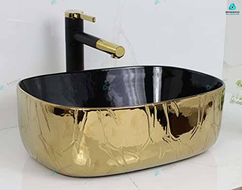 BASSINO Art Wash Basin Countertop, Tabletop Ceramic Bathroom Sink/Basin (455x340x160 mm) (BLACK GOLD)-BTT-1390