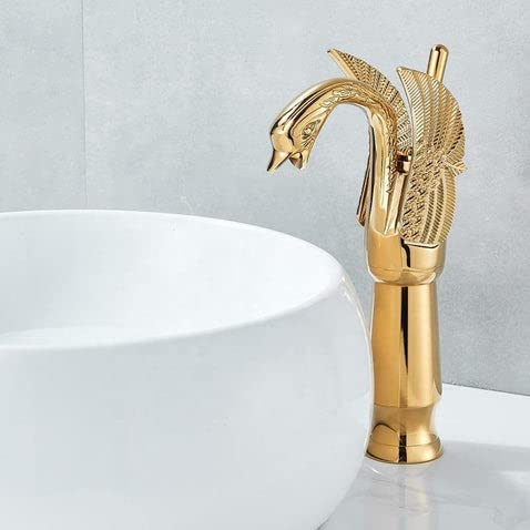 BASSINO Brass Gold Swan Shape Bathroom Sink Wash Basin Mixer Tap Single Handle Hot & Cold Waterfall Lavatory Sink Faucet for Living Room & Bathroom (BTT-2047, 12 INCH)