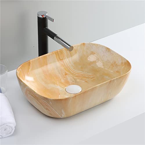 BASSINO Art Wash Basin Countertop, Tabletop Ceramic finish Bathroom Sink/Basin (455x325x145mm) (Marble16) - Multi