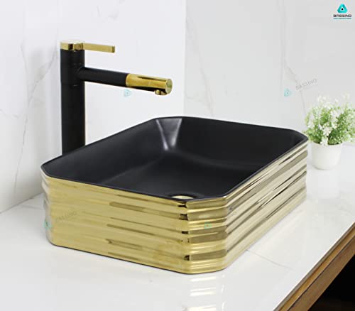 BASSINO Art Wash Basin Countertop, Tabletop Ceramic Bathroom Sink/Basin (455x385x170 mm) (BLACK GOLD) (MATT)