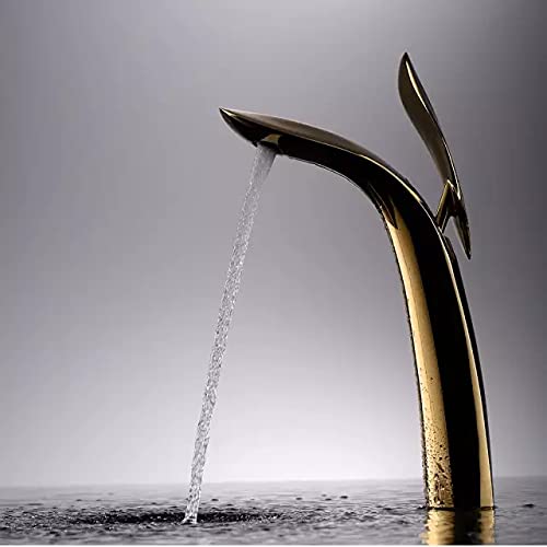 BASSINO Curve Body Brass Bathroom Sink Wash Basin Mixer Tap/Single Handle Hot & Cold Brass Construction/Lavatory Sink Faucet for Living Room & Bathrooms (Gold)