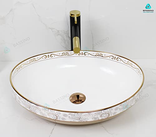 BASSINO Art Wash Basin Countertop, Tabletop Ceramic Bathroom Sink/Basin (White & Rose Gold) (505x360x140mm) (BTT-1380)