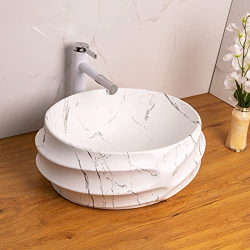 BASSINO Design Wash Basin Ceramic Tabletop Marble Bathroom Sink/Countertop Vessel Sink for Bathroom & Living Room - 455 x 385 x 170 mm (White Marble)